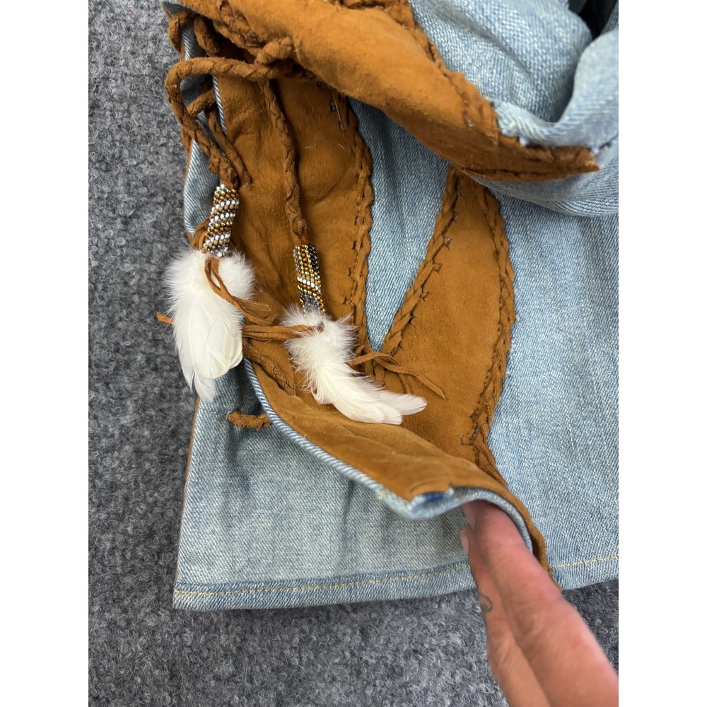 Michelle Julene Couture Levi's Upcycled Jeans Leather Fringe Lace Up OOAK - Picture 15 of 15